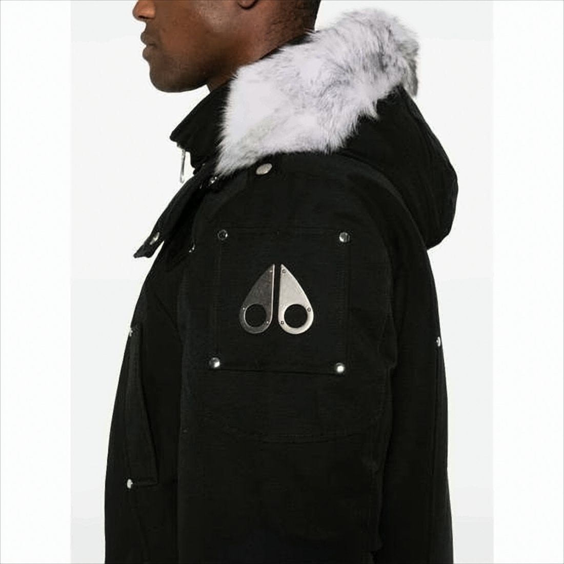 Hooded Long Black Padded Coat With Fur Trim And Multiple Pockets