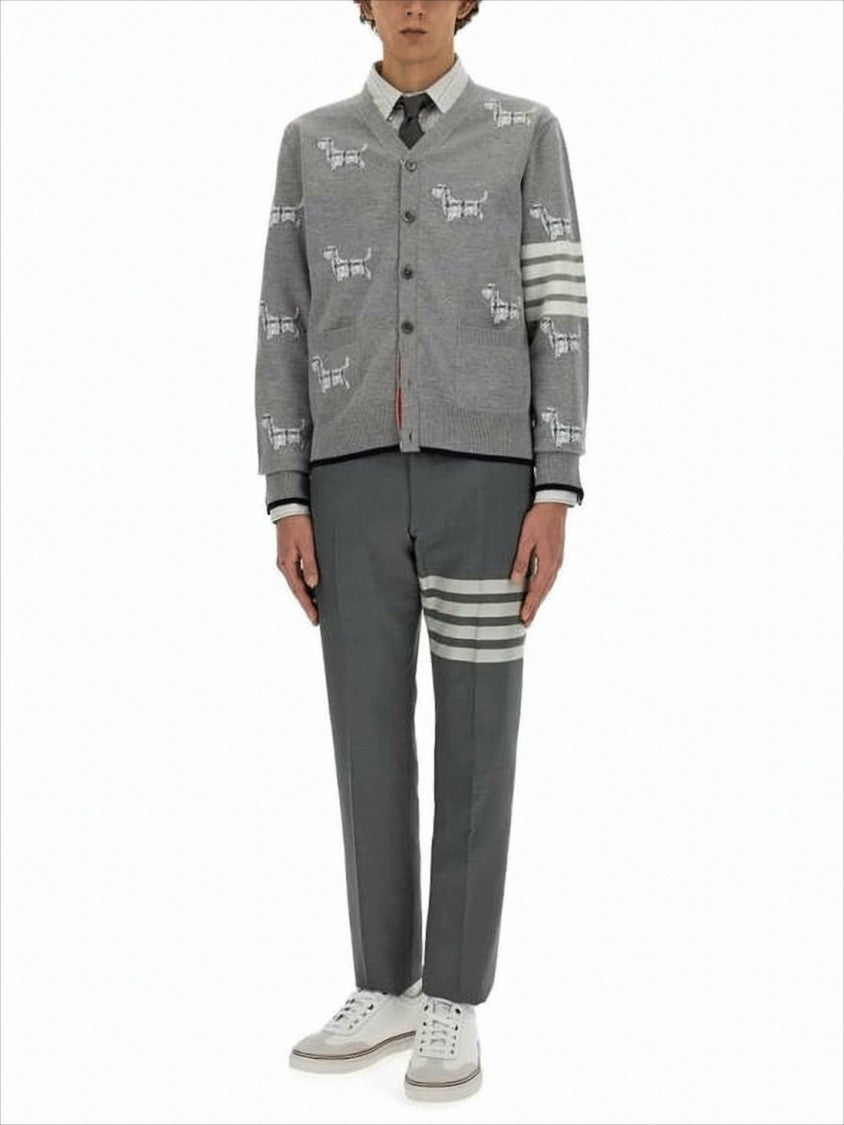 Embroidered Grey Wool Blend Cardigan with Signature Stripes
