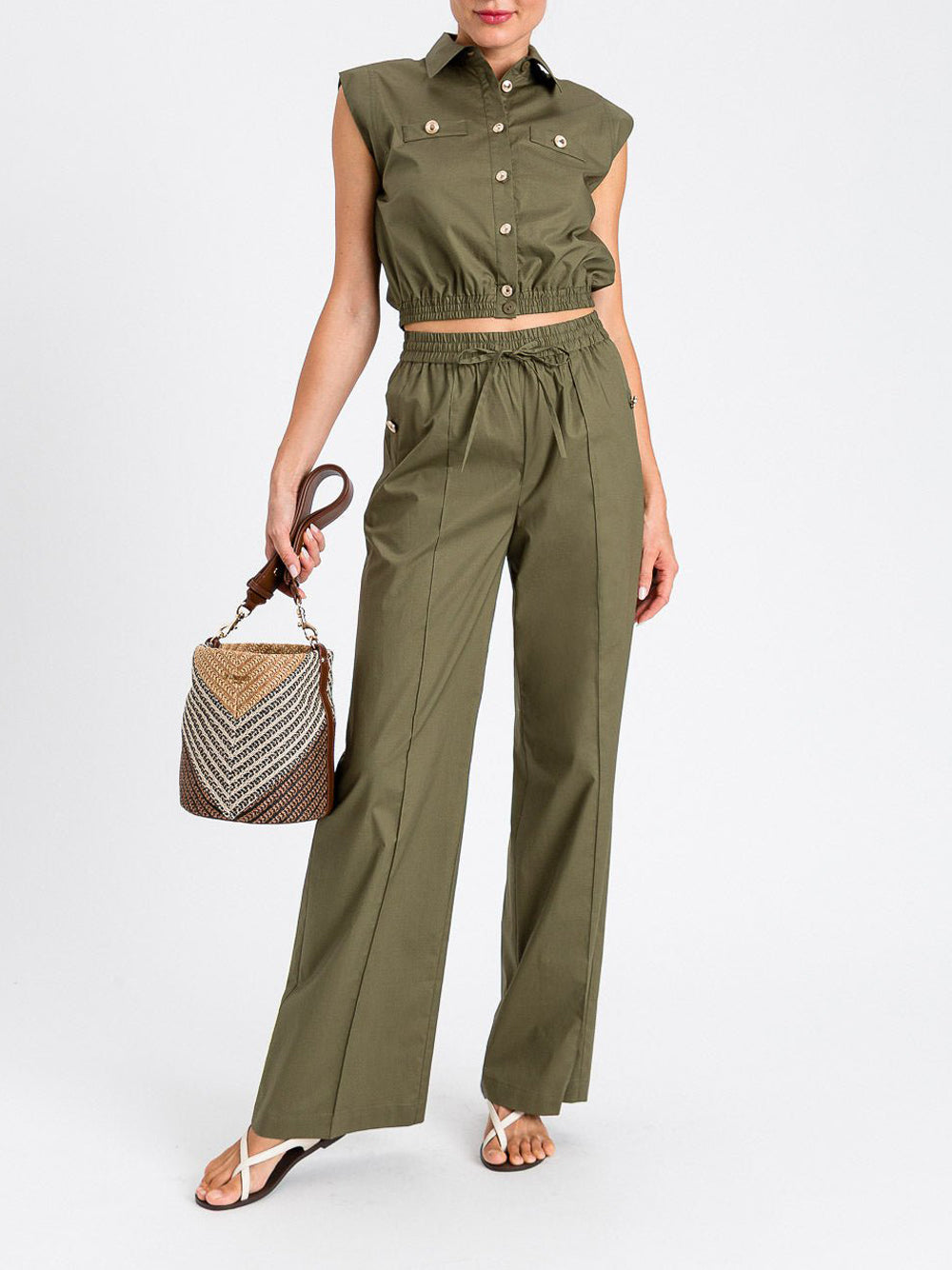 Wide-Leg Pants with Drawstring Waist and Button-Detail Pockets