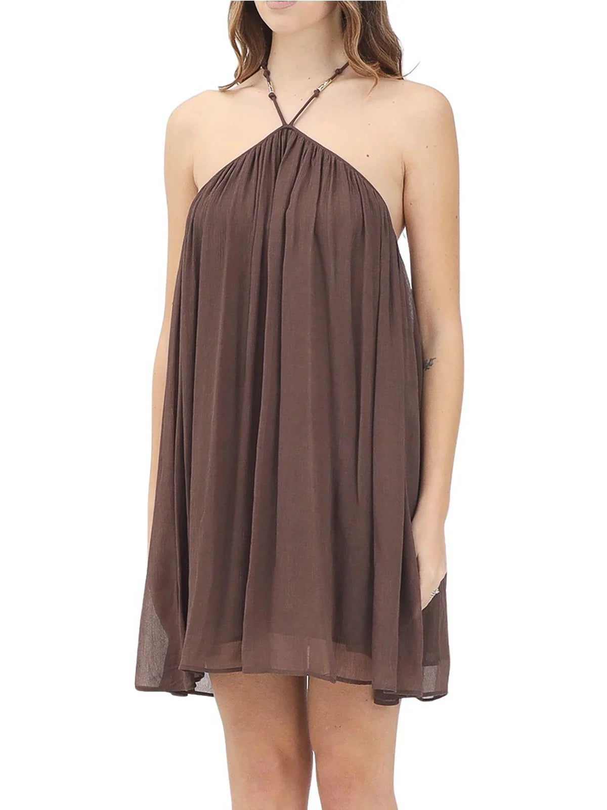 Brown Viscose Crepe Mini Dress