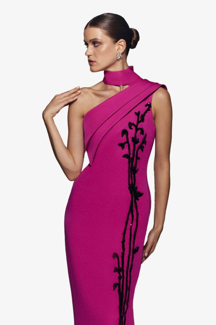 Crepe, Off-Shoulder Dress With Beading