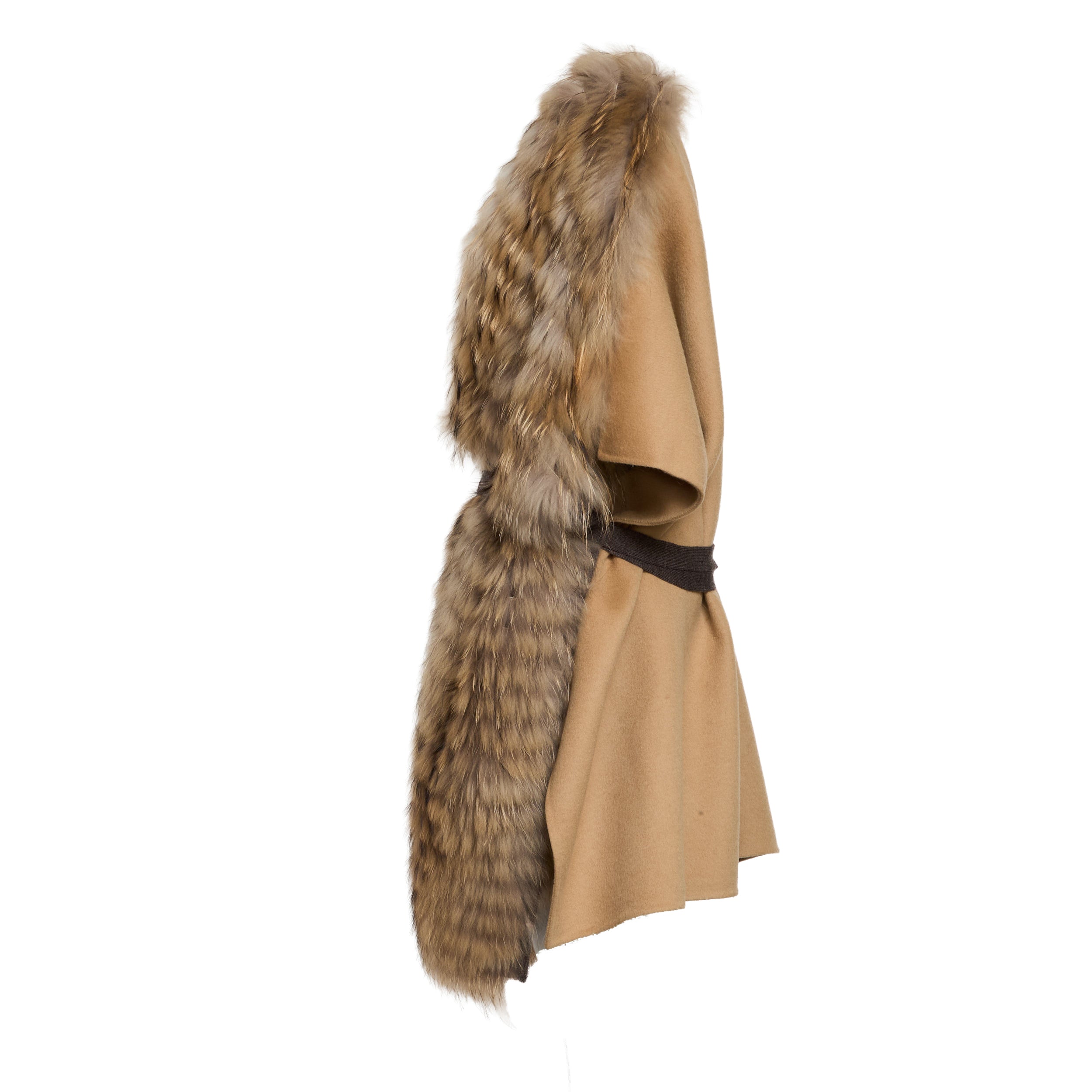 Oversized Beige Cape-Style Gilet with Faux Fur Detail