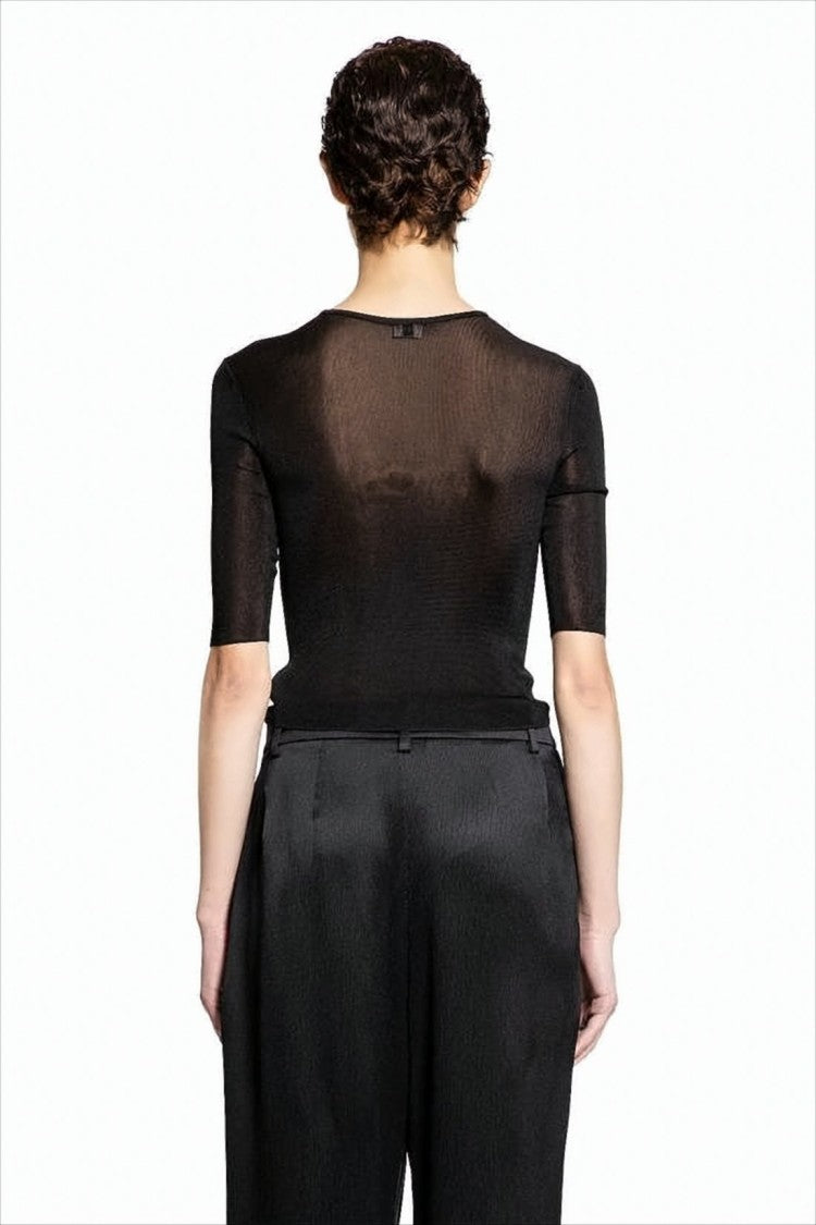 Fitted Semi-Sheer Black Knit Top