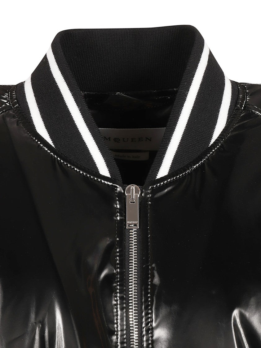 Glossy Black Bomber Jacket With Contrasting Stripes