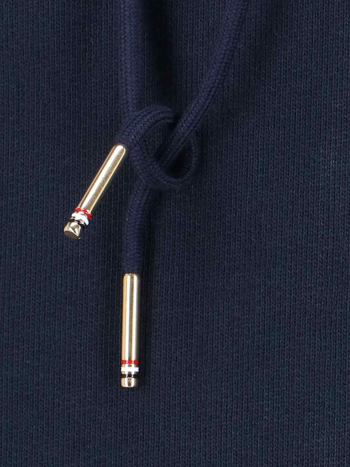 Navy Blue Cotton Hoodie With Grosgrain Stripe Detail