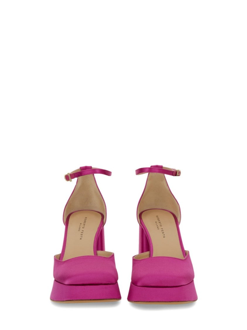 "Nicla" Silk Heels With Ankle Strap And Block Heel