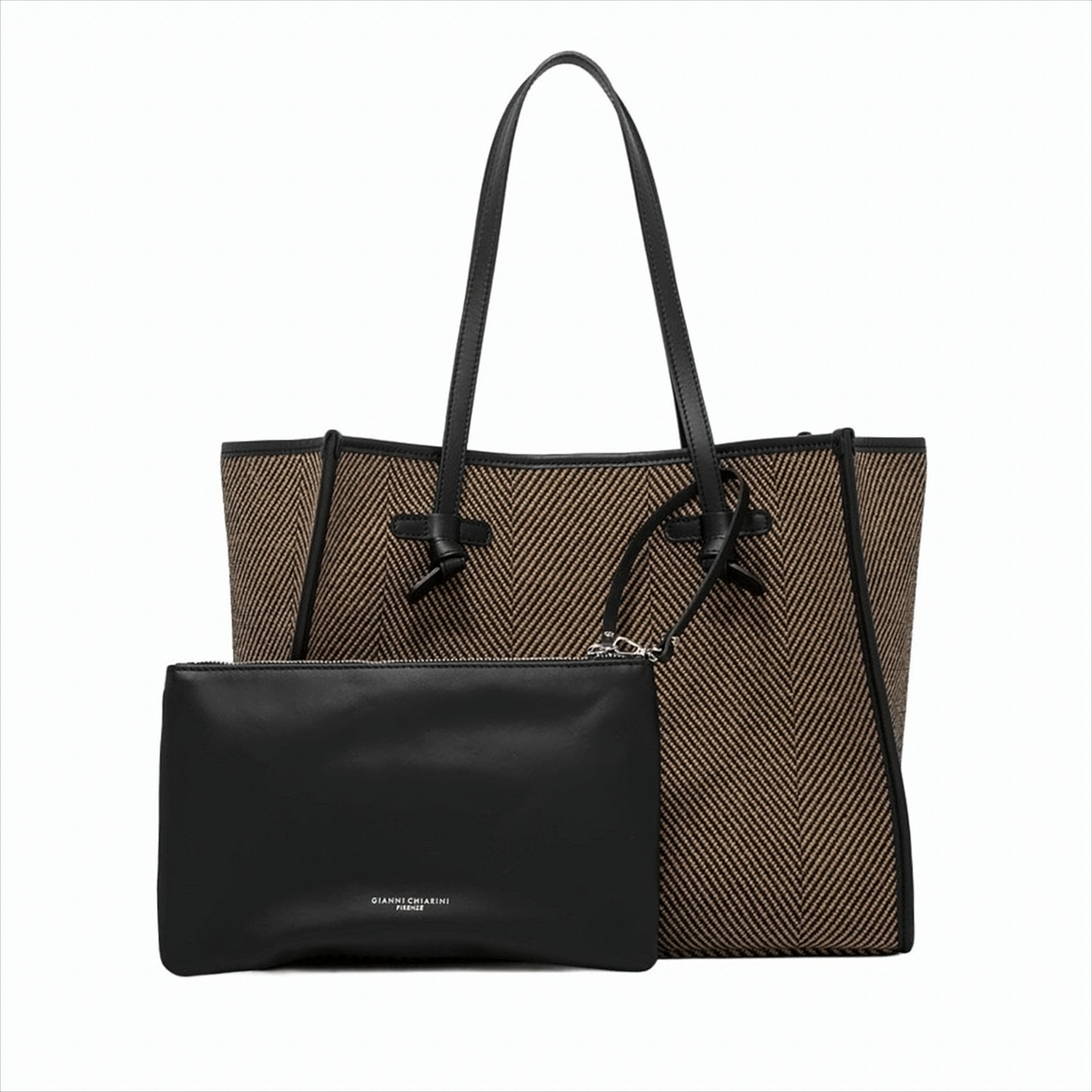 Herringbone Fabric Tote Bag with Leather Accents