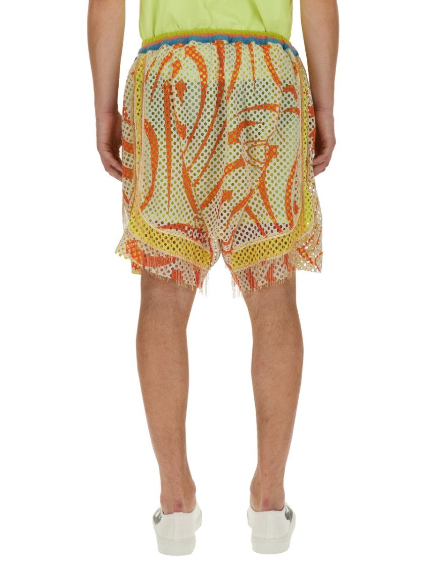 Print Mesh Shorts With Fringed Hem