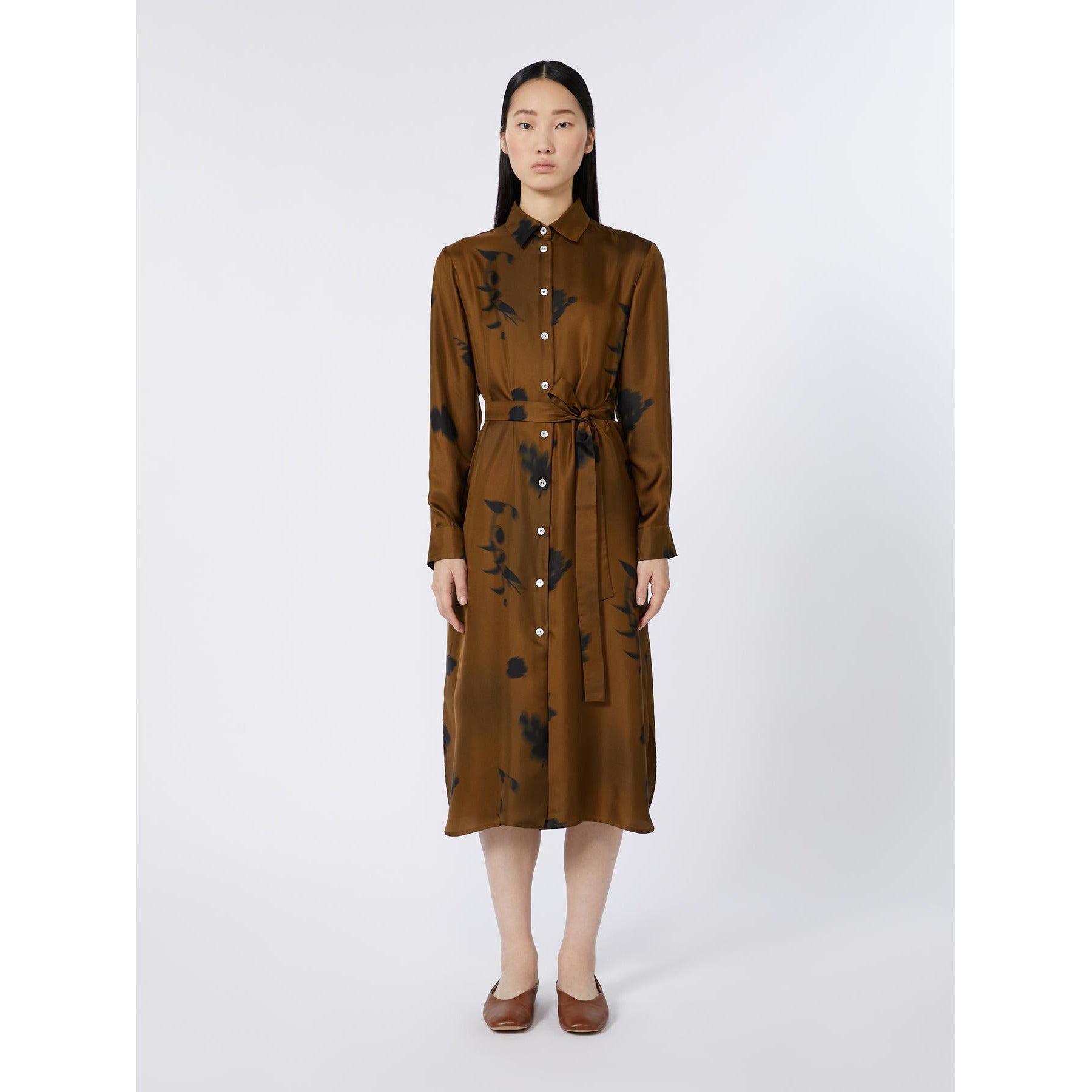 Silk Midi Dress With Classic Shirt Collar