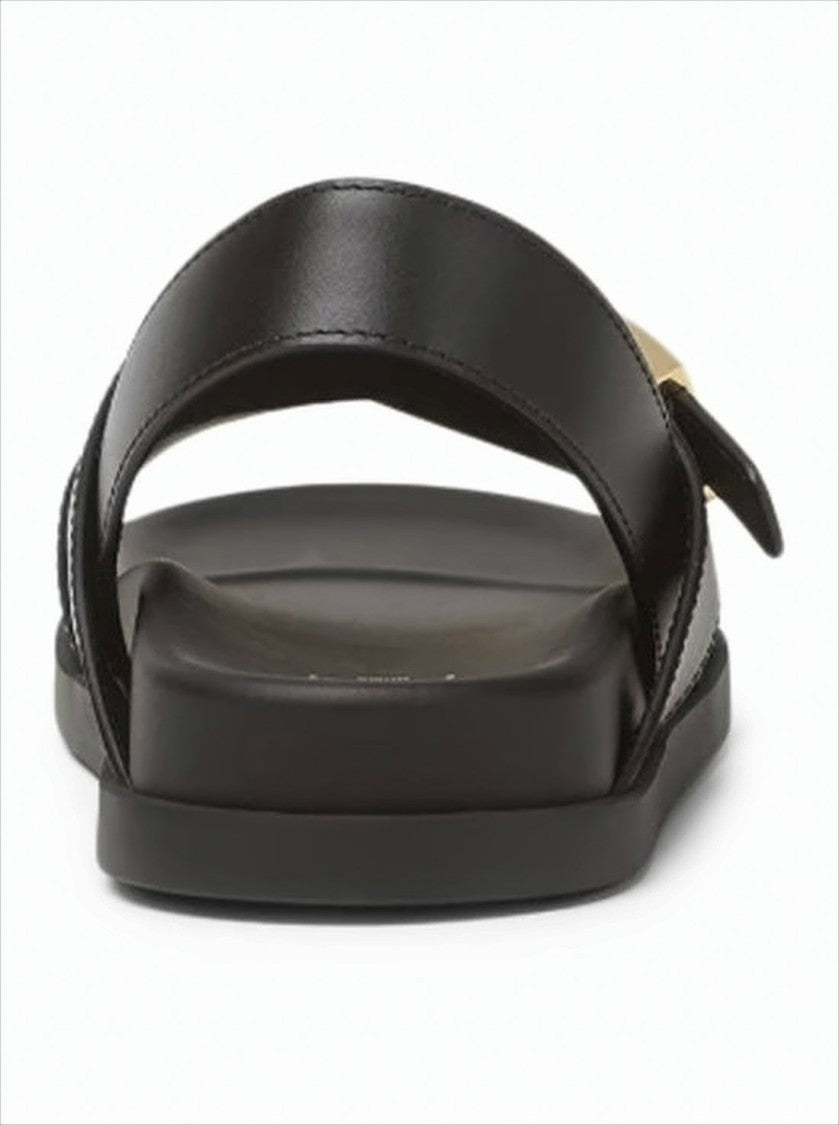 Black Leather Sandals With Gold-Tone Buckle Details