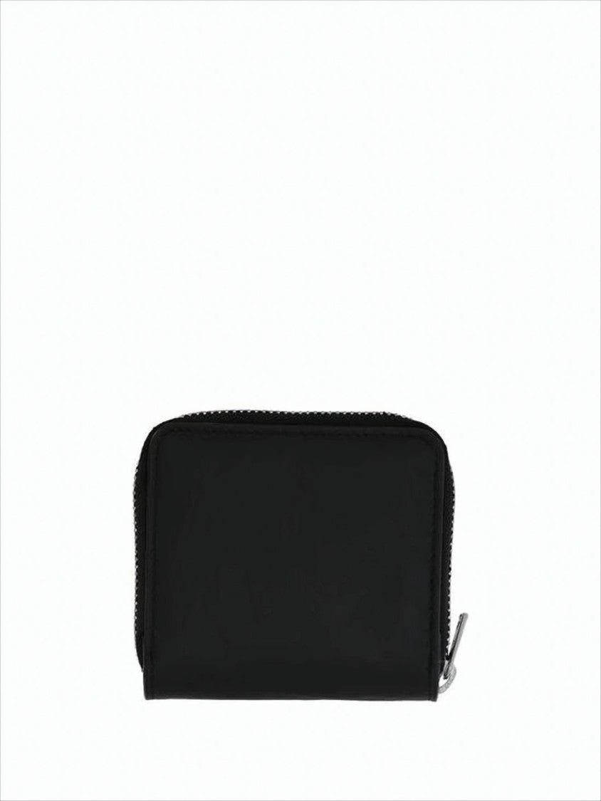 Black Cowhide Compact Wallet with Zip-Around Closure