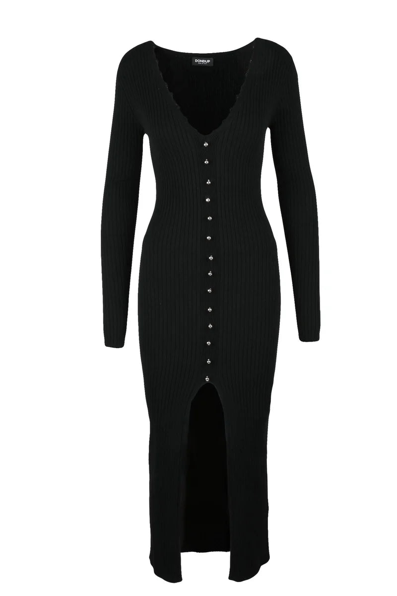 Long Ribbed Dress Buttons - Black