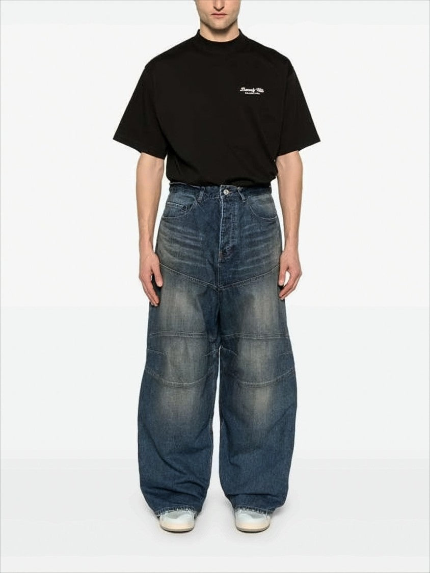 Wide-Leg Distressed Denim Pants With Horizontal Seam Detailing