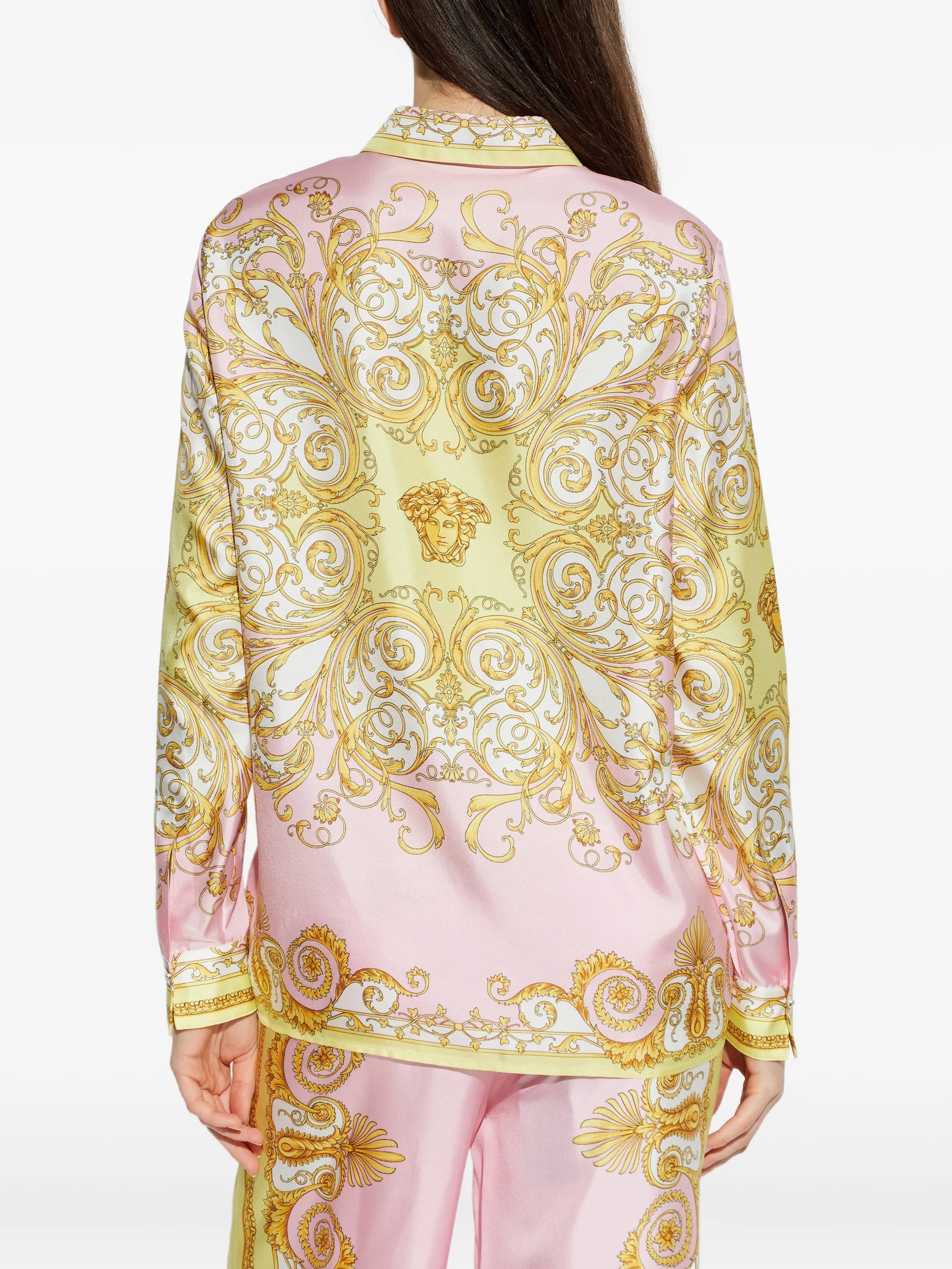 Pastel Pink Baroque-Inspired Silk Scroll Shirt
