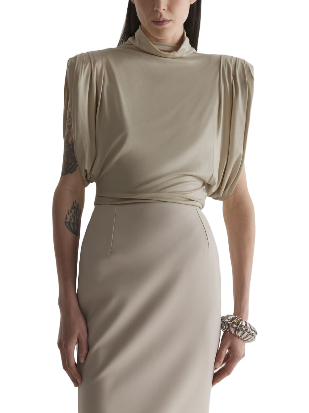 Brown High-Neck Top with Structured Puff Sleeves