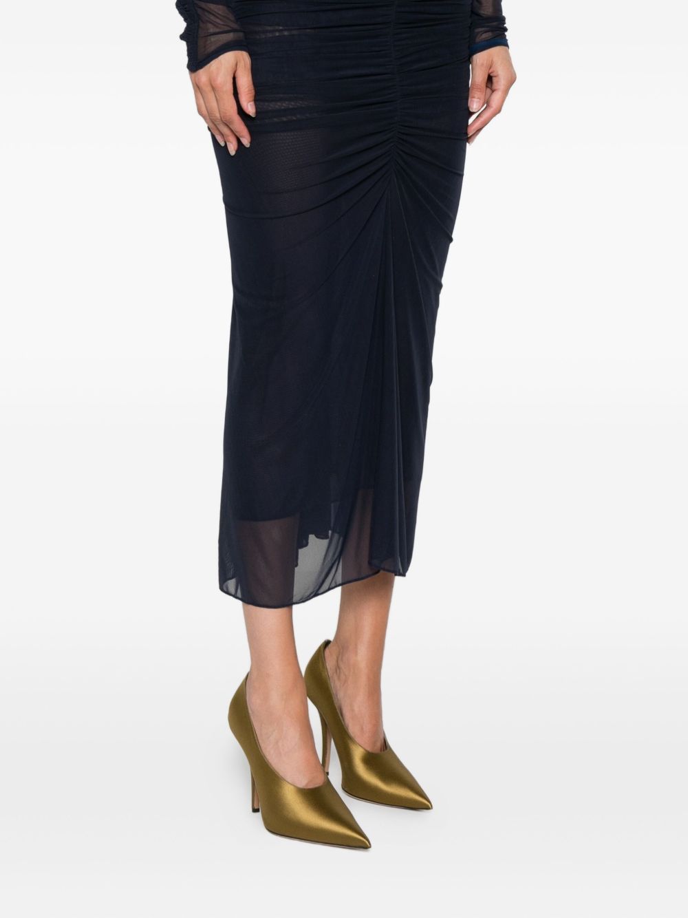 Ink Blue Ruched Mesh Midi Skirt