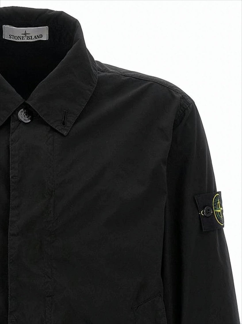 Black Casual Jacket with Classic Collar and Distinctive Patch