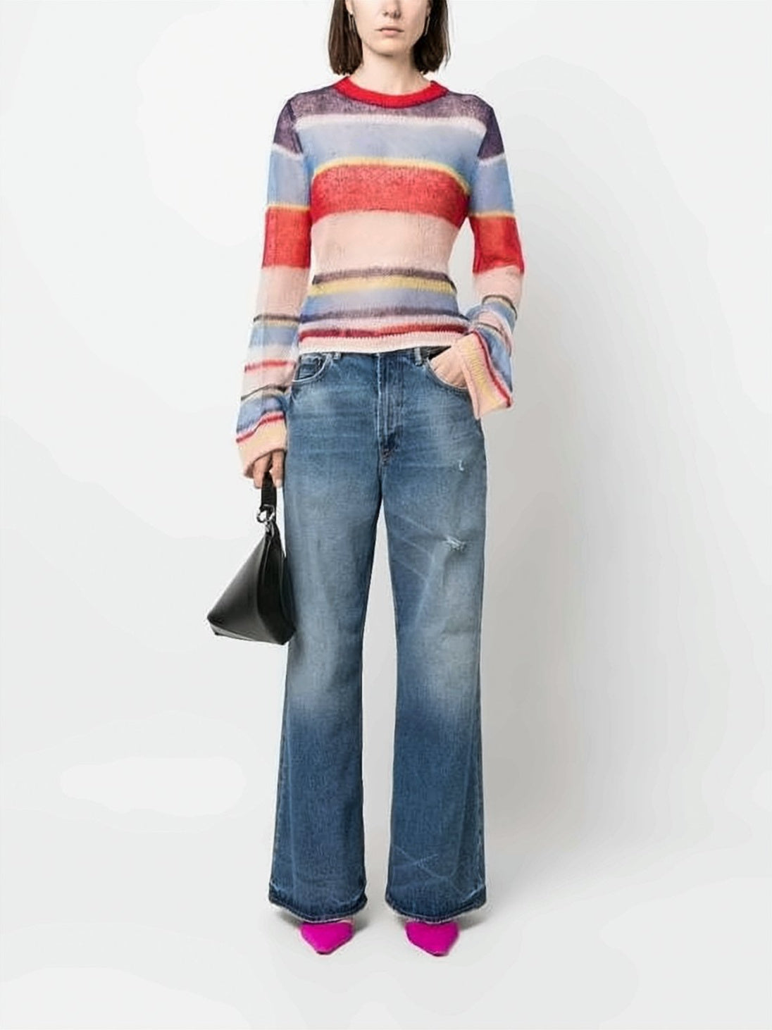 Wide-Leg Denim Pants with Vintage Wash and Frayed Hems