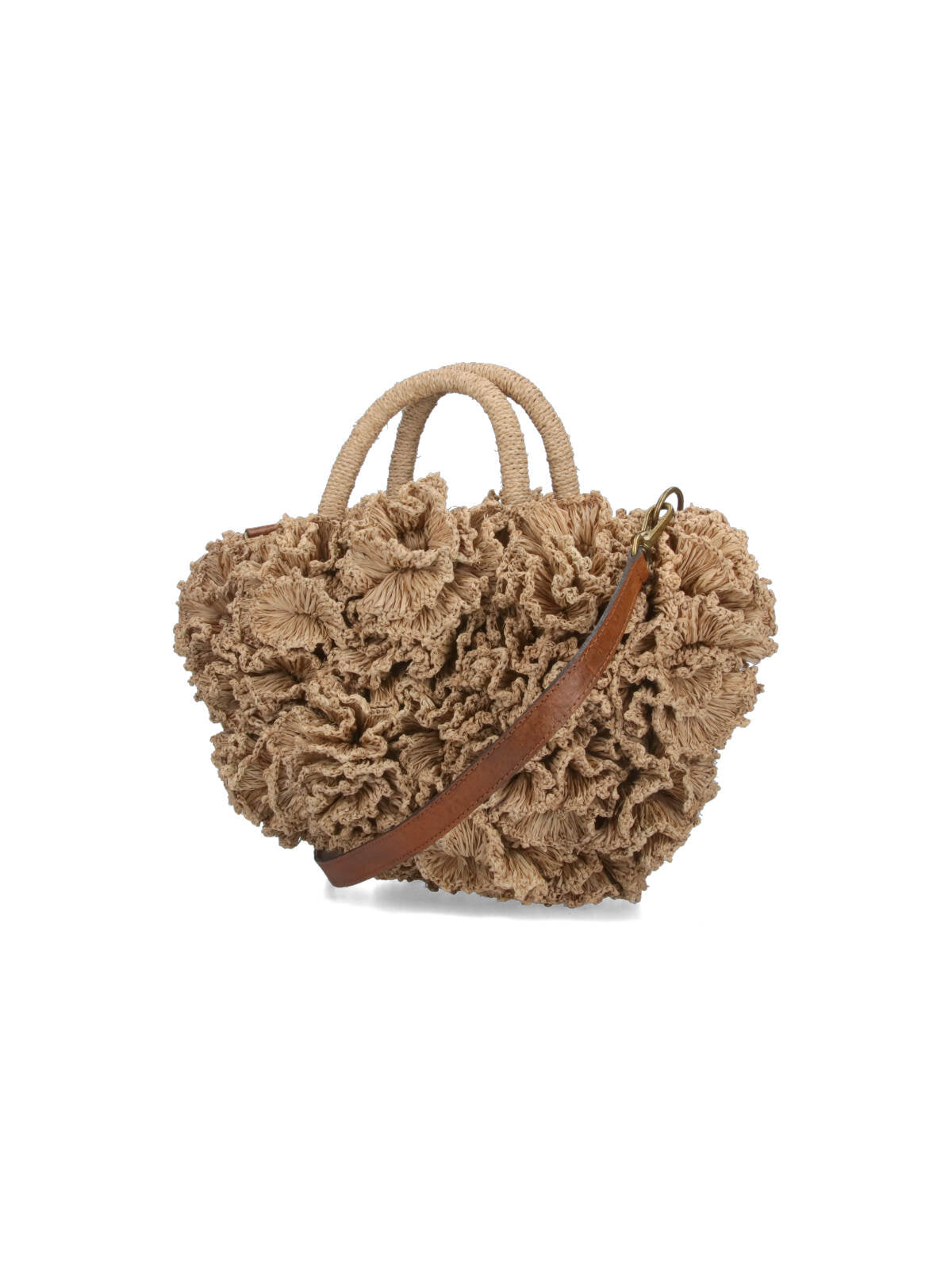 Ruffled Beige Handbag With Textured Design And Drawstring Closure