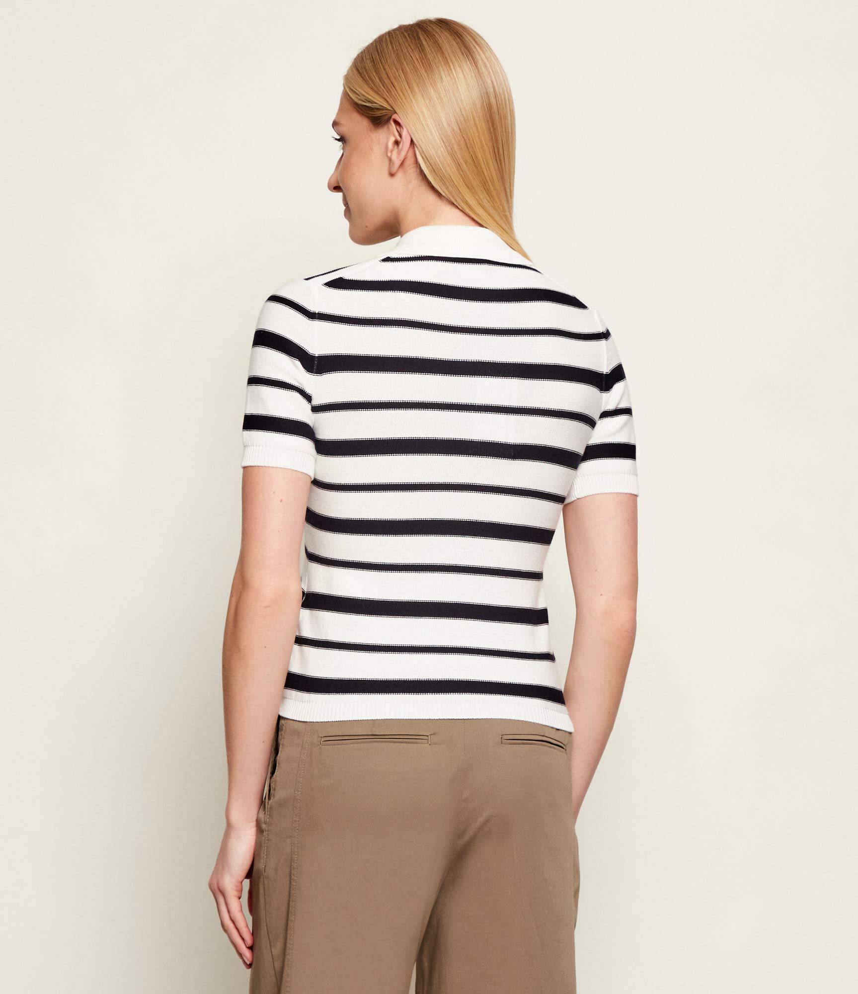 Striped Short-Sleeved Knit Top with Classic Polo Collar