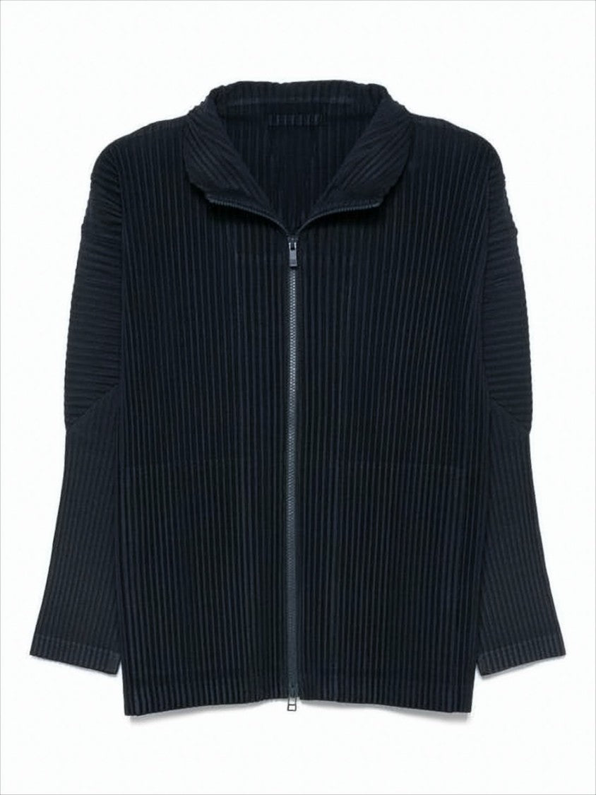 Textured Zip-Up Hooded Sweatshirt With Vertical Pleats