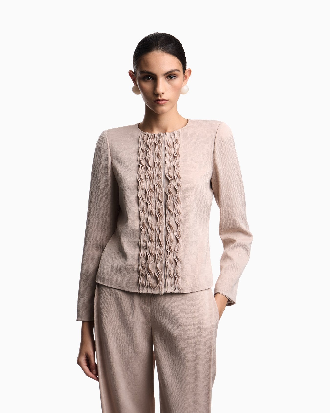 Textured Weave Fabric Ruffled Fitted Jacket