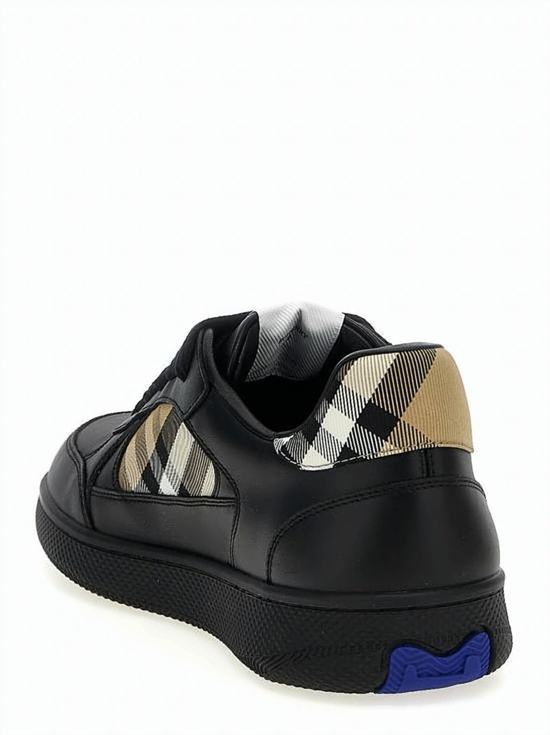Check Pattern Black Leather Low-Top Sneakers