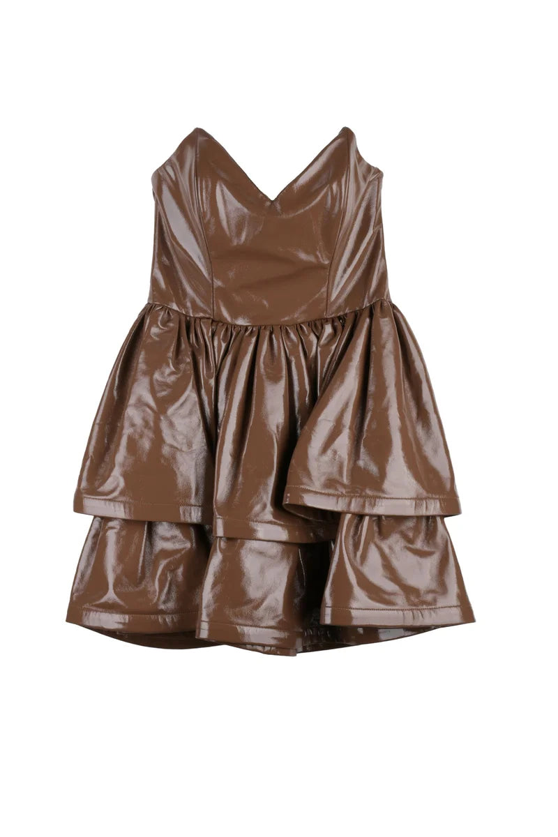 Short Faux Leather Dress Heart Neckline - Chocolate