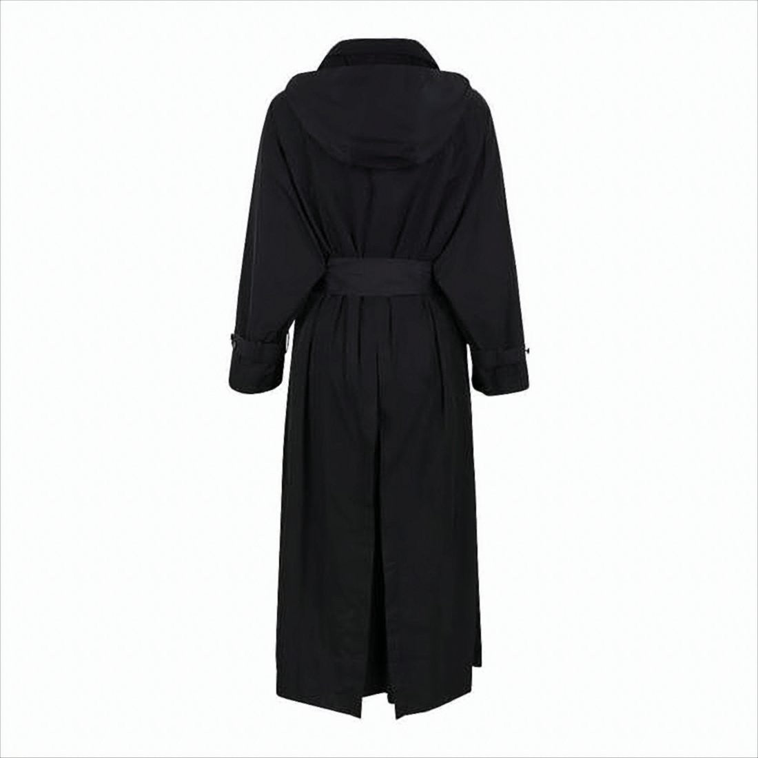 Classic Black Trench Coat with Belted Waist and Decorative Cuffs