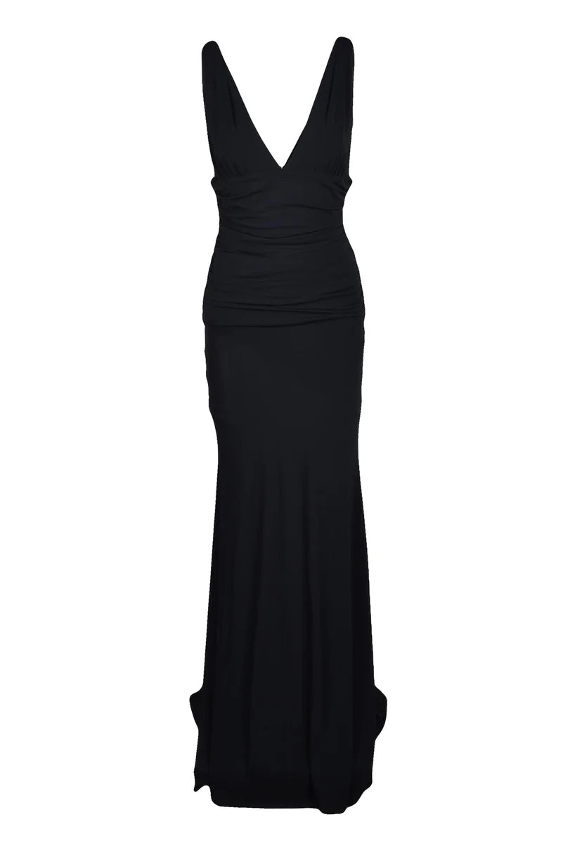 Long Ruched Jersey Dress - Black