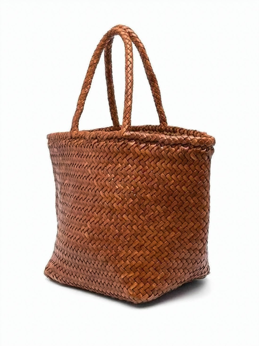 Artisanal Woven Tote Bag In Rich Brown Calf Leather