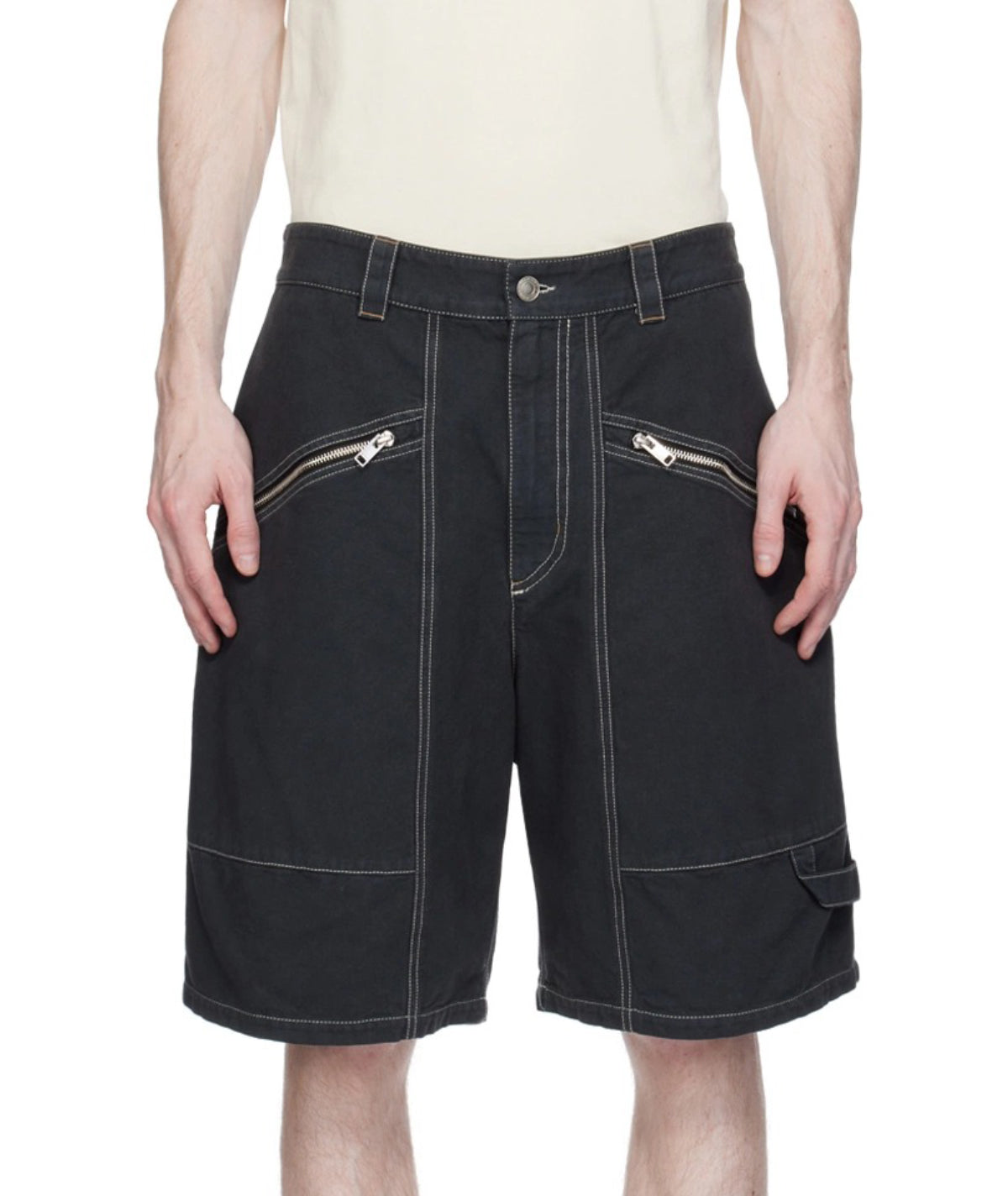 Relaxed-Fit Black Shorts with White Stitching