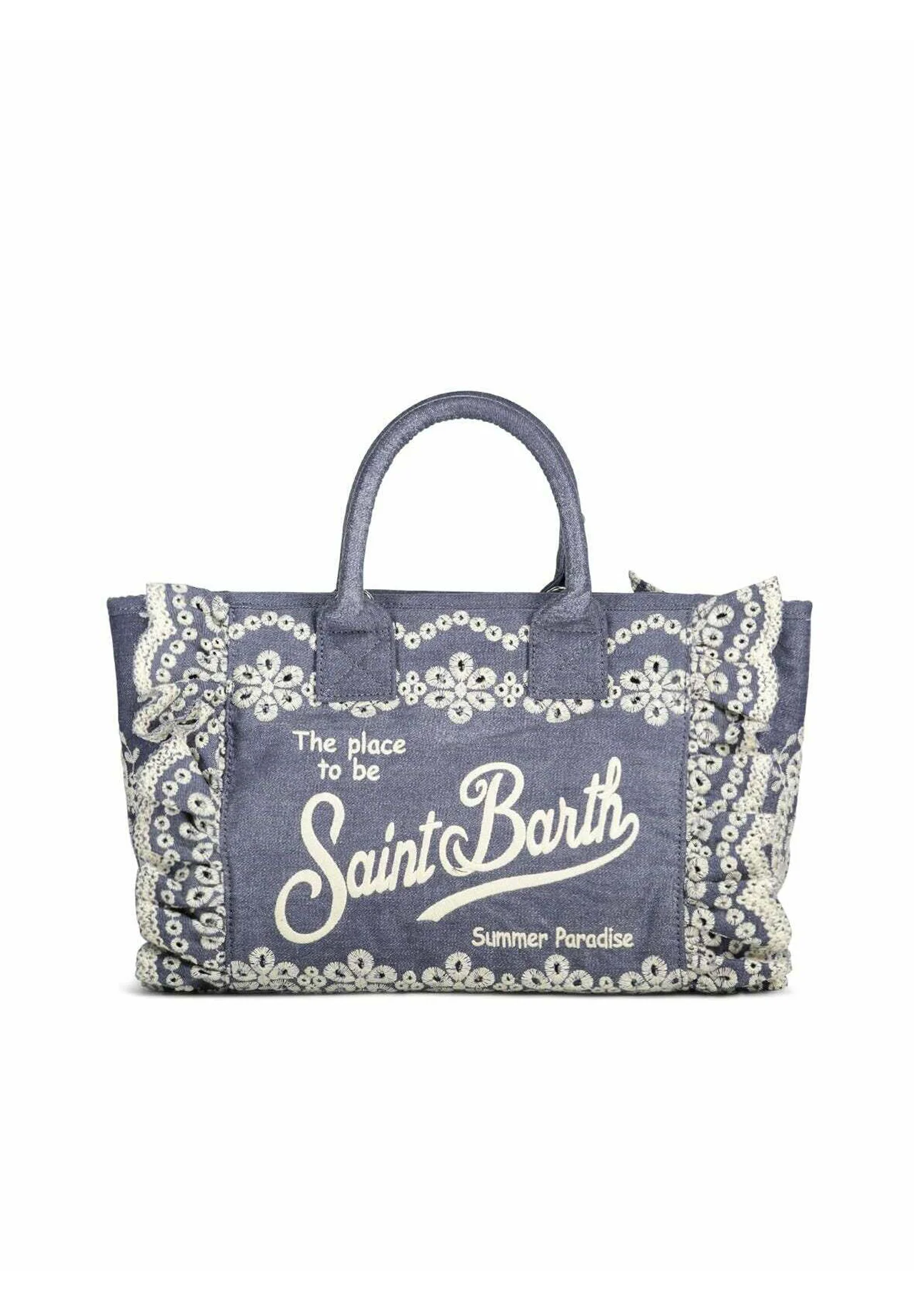 Rectangular Blue Tote Bag with Lace-Embroidered Edges