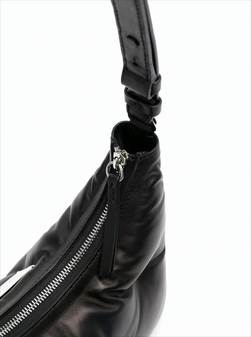 Curved Black Nappa Leather Shoulder Bag With Adjustable Strap