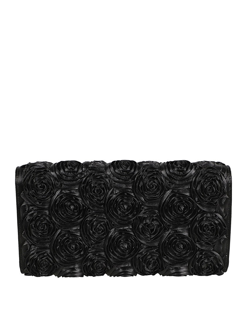 Rectangular Black Clutch Bag With Rosette Appliqués