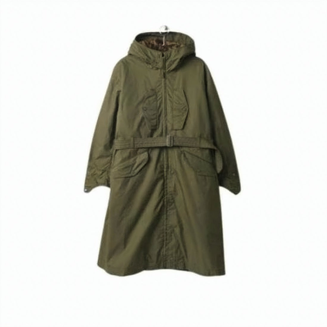 Hooded Green Utility Coat with Belted Waist