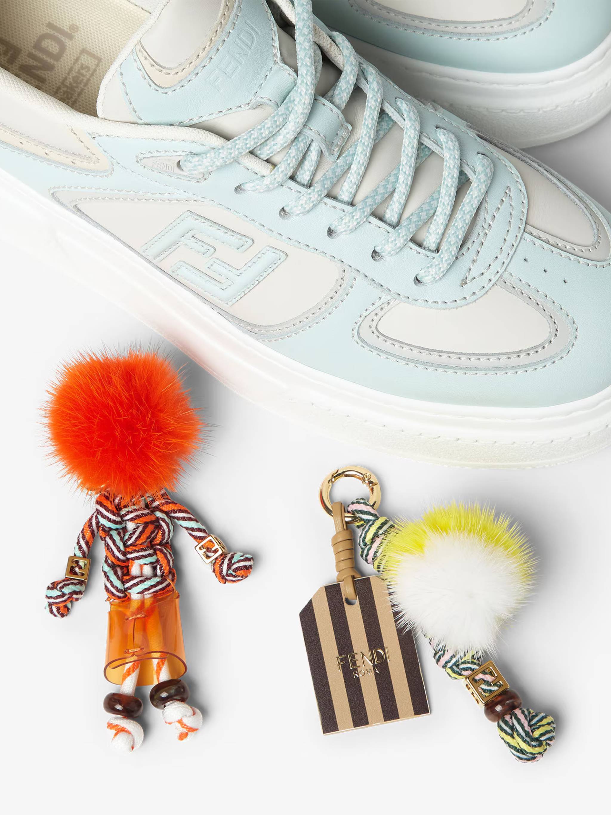 Pastel Blue and Cream Leather Sneakers with Detachable Accessories