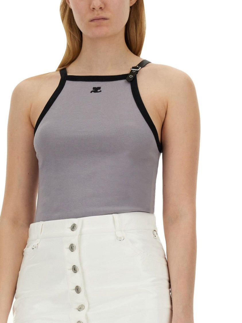 Fitted Top With Central Logo And Contrasting Trim