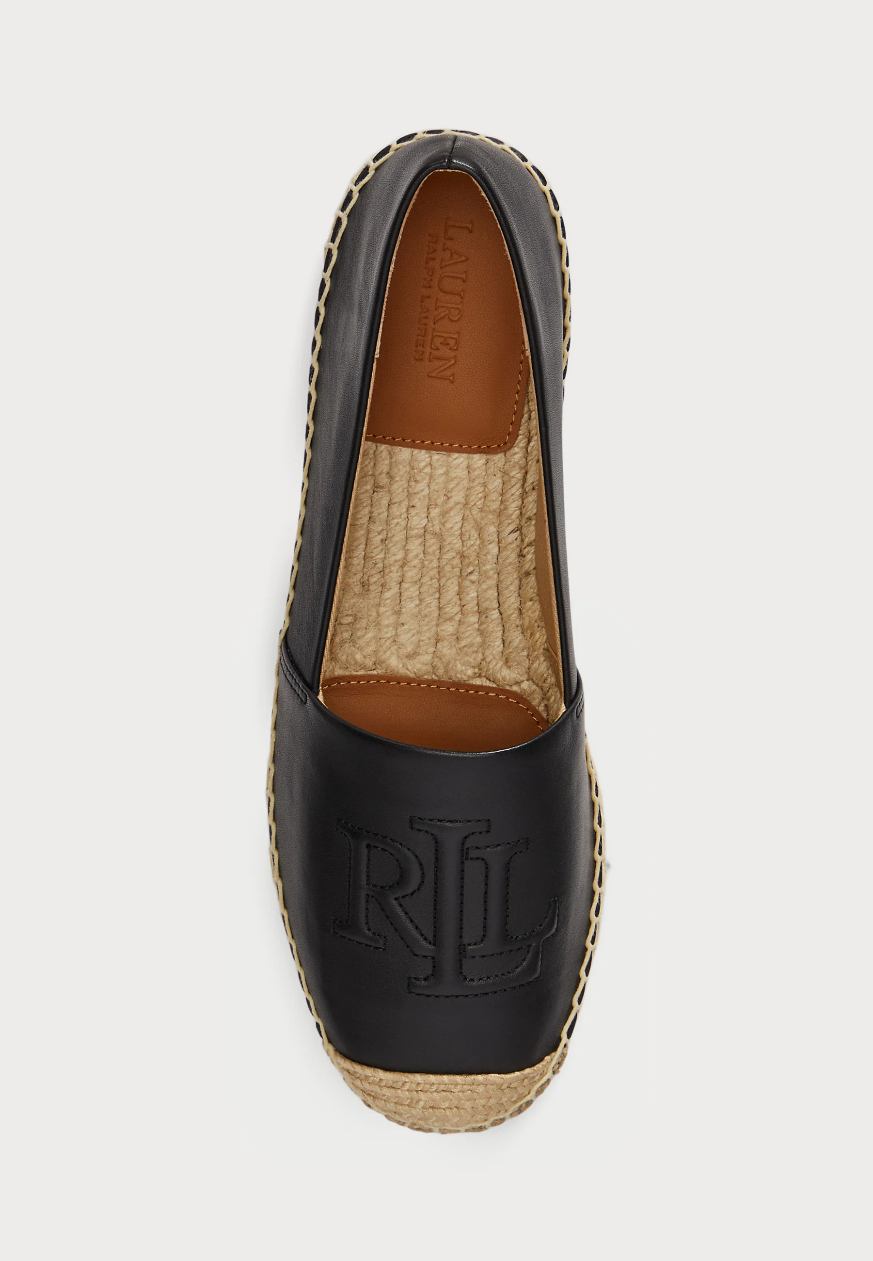 Smooth Black Leather Espadrille Flats with Embossed Logo
