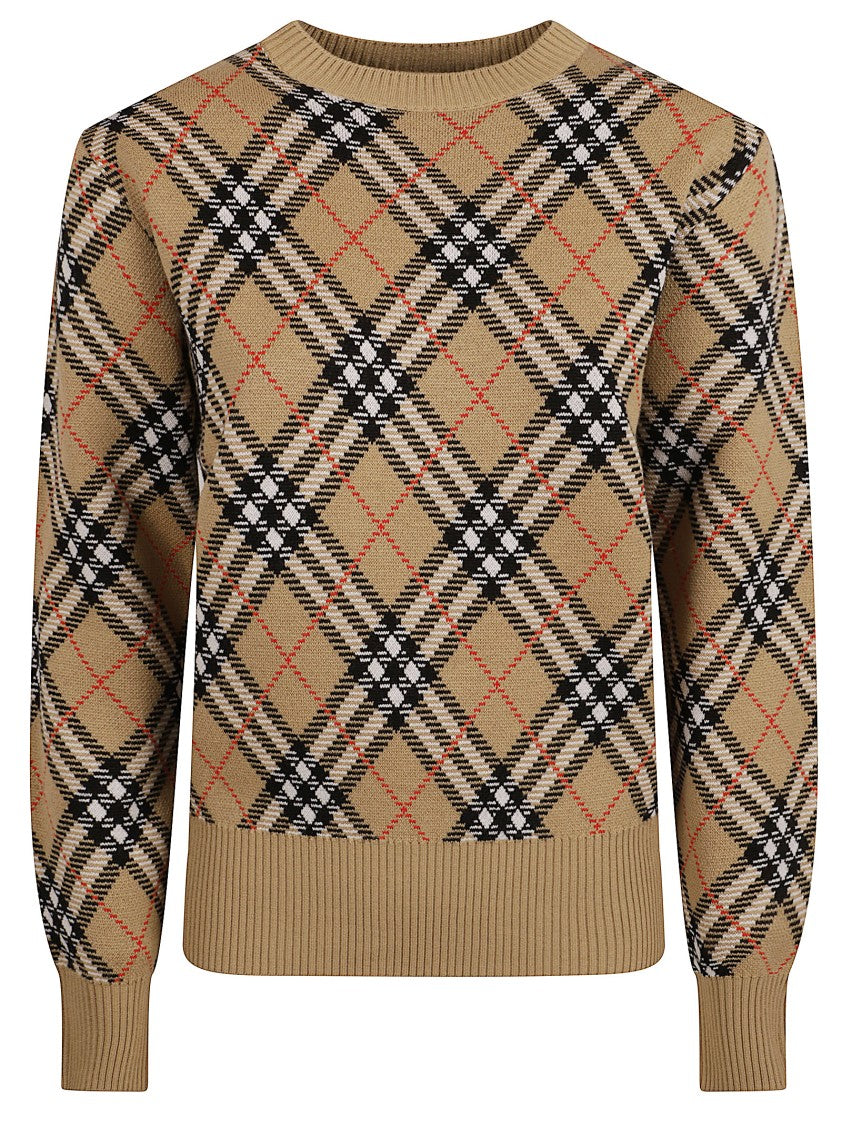 Plaid Crewneck Sweater With Ribbed Trims