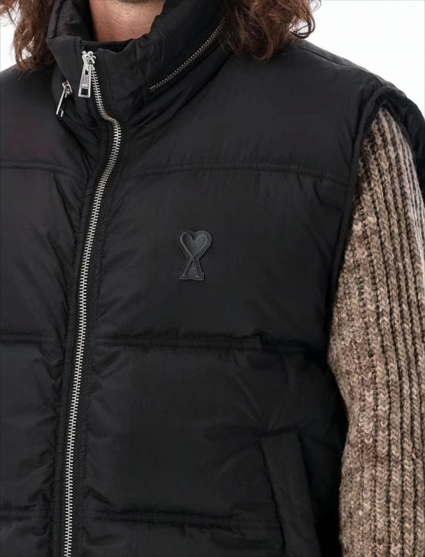 Black Padded Vest With High Collar And Quilted Finish