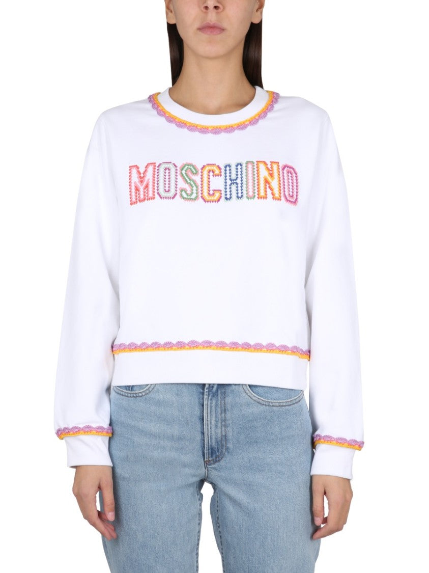Crewneck Sweatshirt With Embroidered Logo And Scalloped Trim