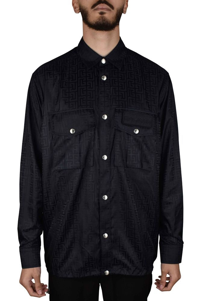 Black Oversized Nylon Shirt With Monogram Pattern