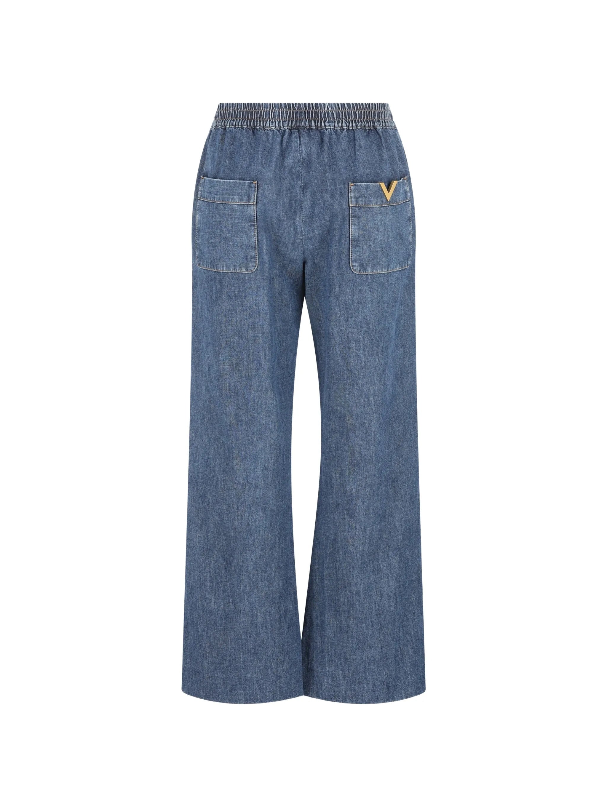 Medium Blue Wide-Leg Drawstring Denim Jeans