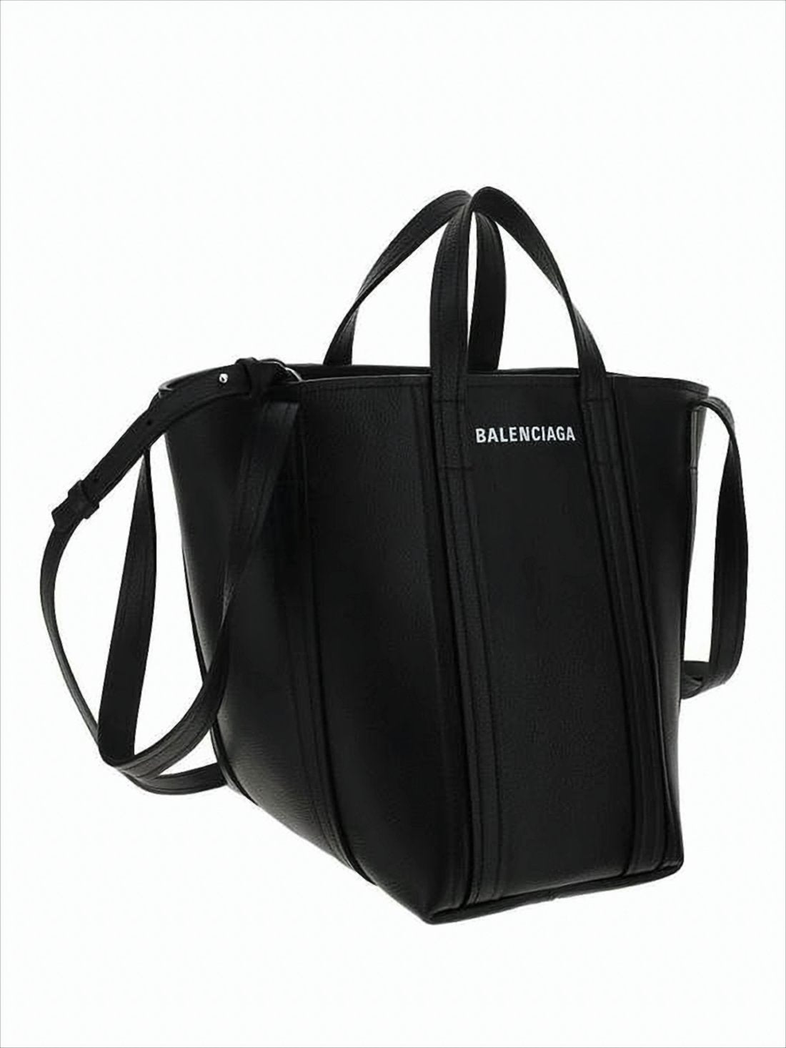 Trapezoidal Black Calf Leather Tote Bag With Dual Handles