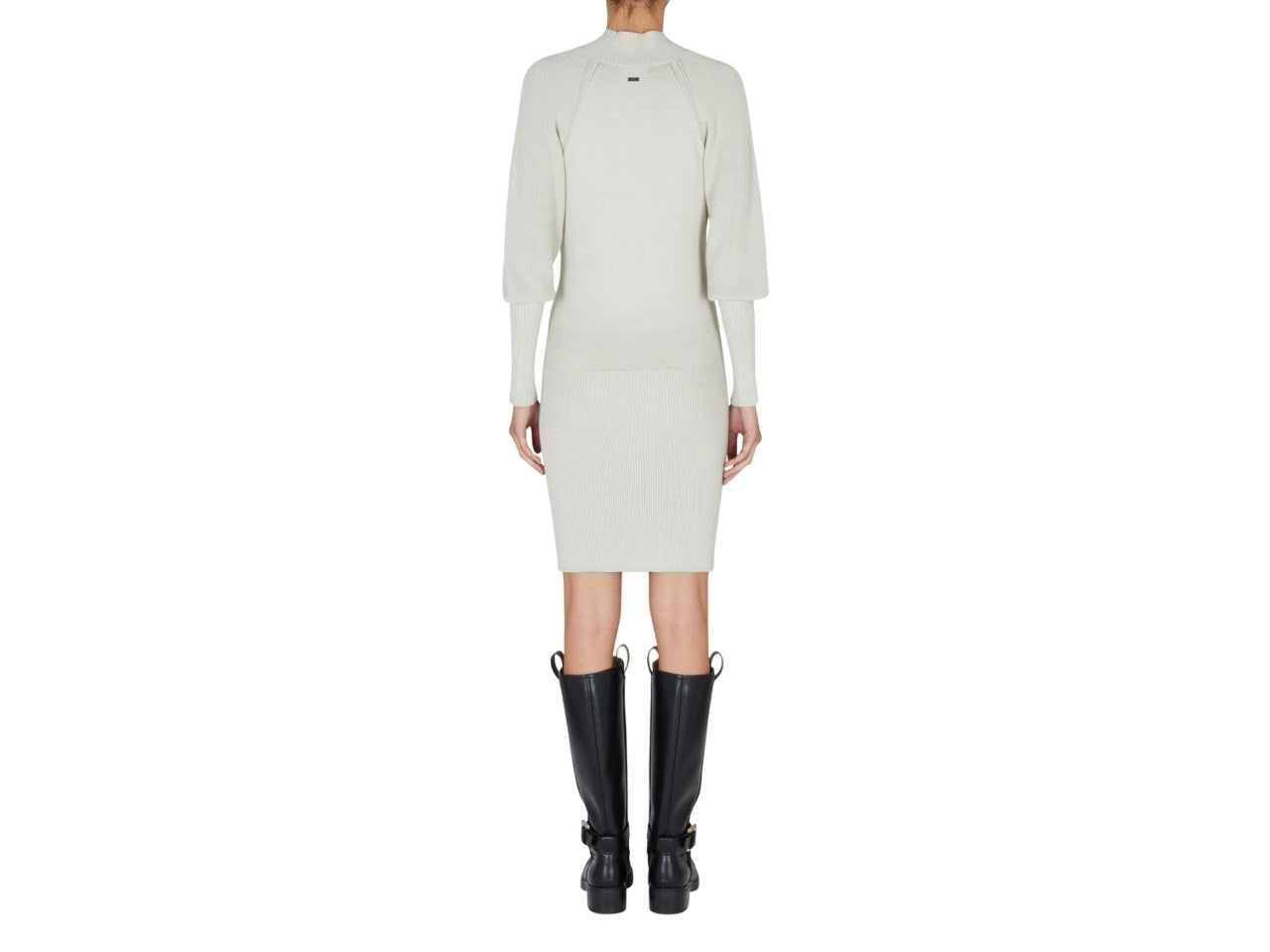 Beige Fitted Midi Dress With High Neckline