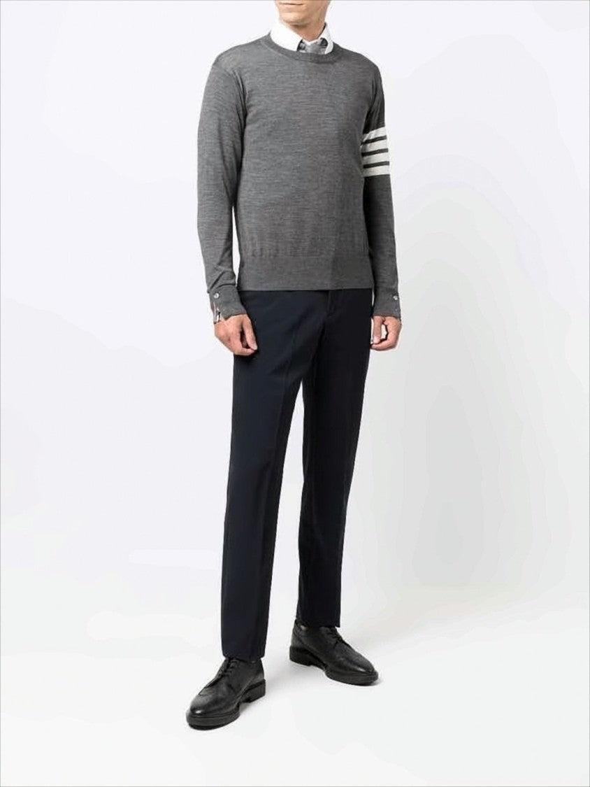 Fine-Knit Grey Merino Wool Sweater with Striped Accent