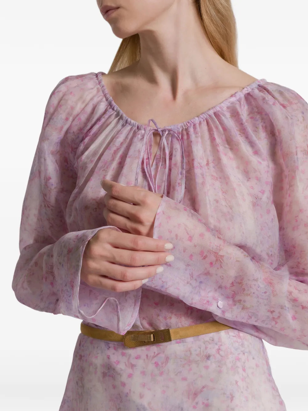 Pastel Floral Organza Blouse with Gathered Neckline