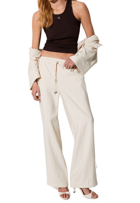 Pinstripe Relaxed Fit Pants with Elastic Waistband
