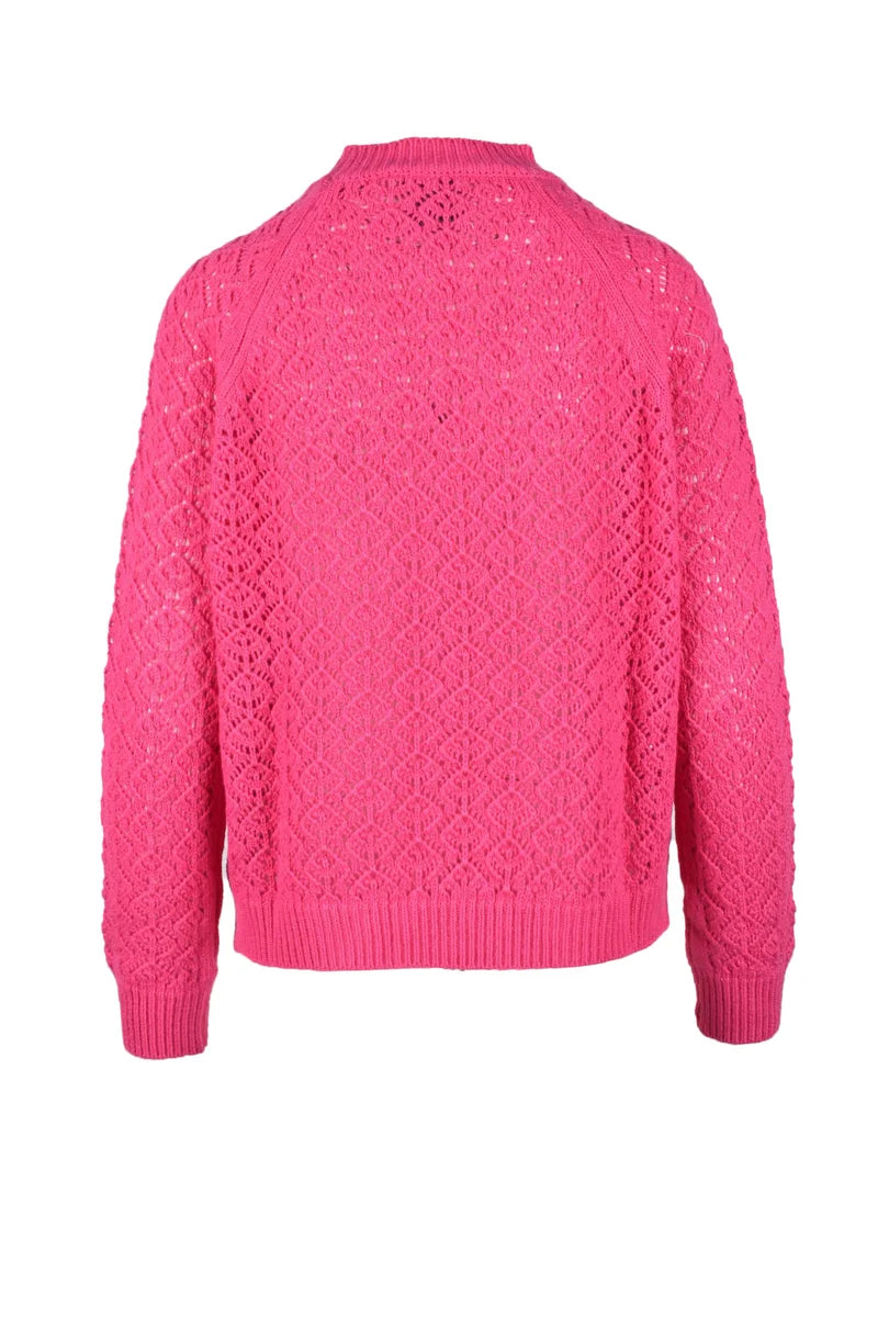 Open-Knit Fuchsia Sweater with Ribbed Cuffs